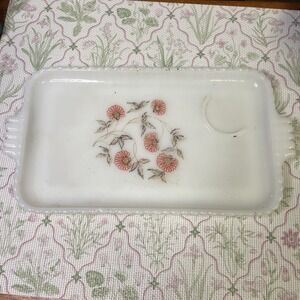 Vintage‎ White Milk Glass Vanity Tray/ Snack Tray  with pink flowers